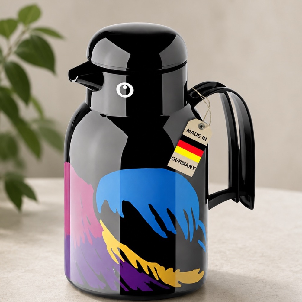 Helios Thermo-Bird Penguin Vacuum Jug 1L Black Colorful Design Made in Germany
